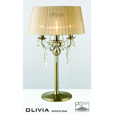 Olivia 3 light table light antique brass and soft bronze shade
